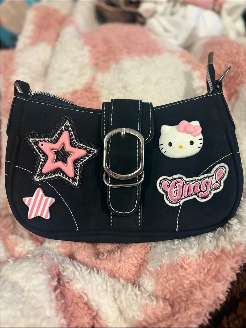 Hello Kitty Black Purse Bag with Pink Accents Strap Included Inside